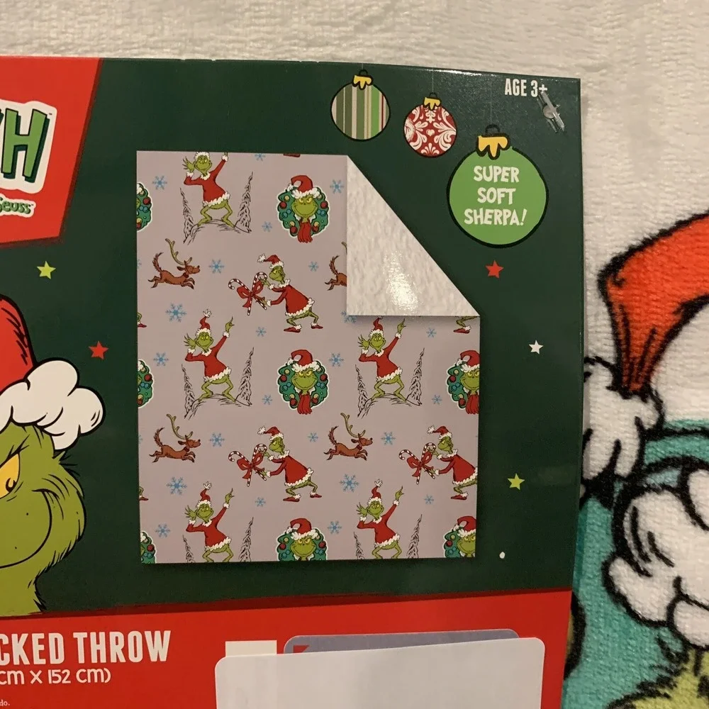 The Grinch Dr. Seuss Christmas Holiday Grey Sherpa Throw Blanket 50
